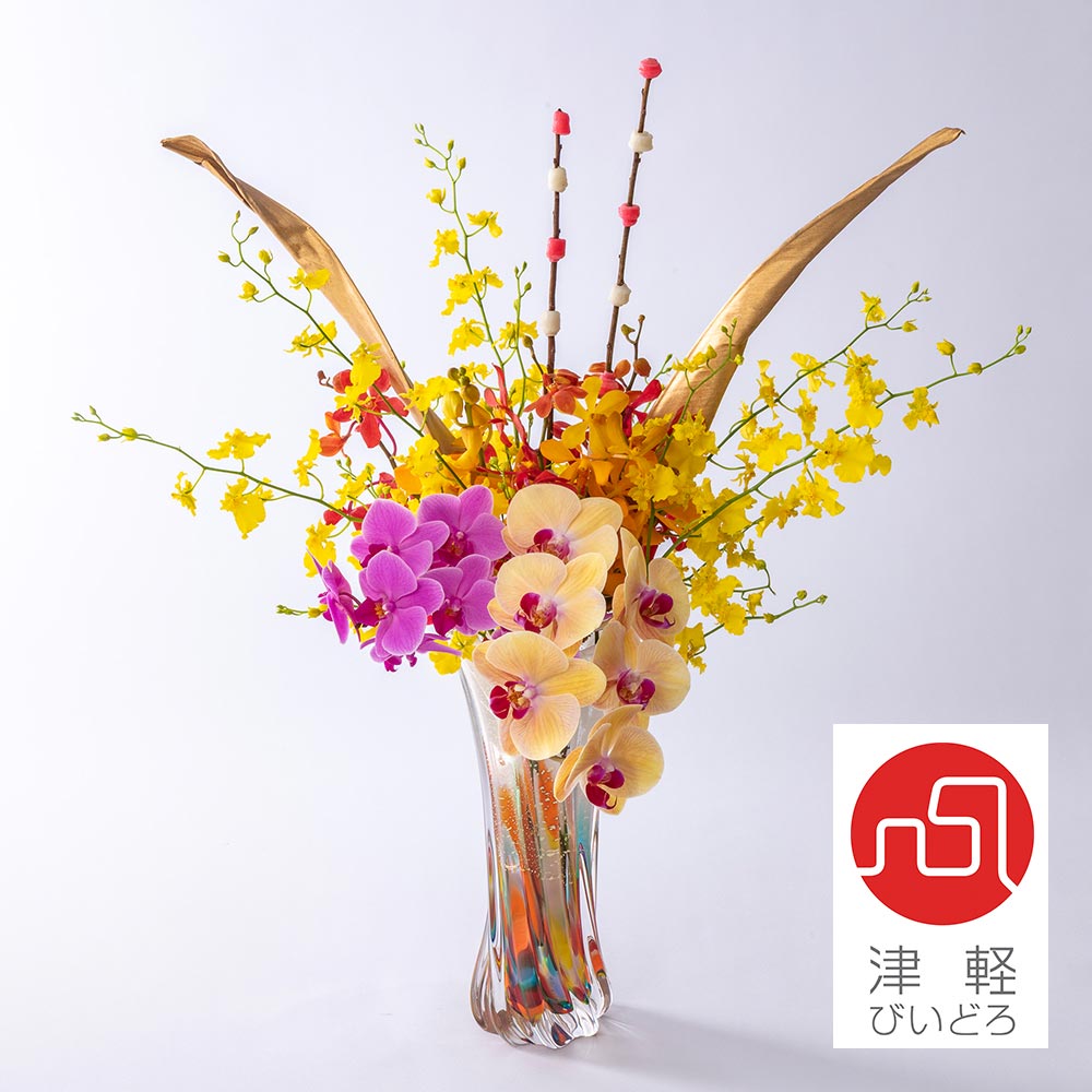 「お値下げ　津軽びいどろ ねぶた祭り ミニ花器 F-79453」 日本製・美品 お正月 津軽びいどろ「金彩花器 ねぶた」と花束のセット | 花・花束を