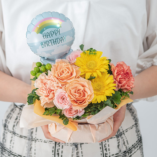 【最短翌日届け】『誕生日』バルーンピックアレンジメント（黄色・オレンジ系）【沖縄届不可】