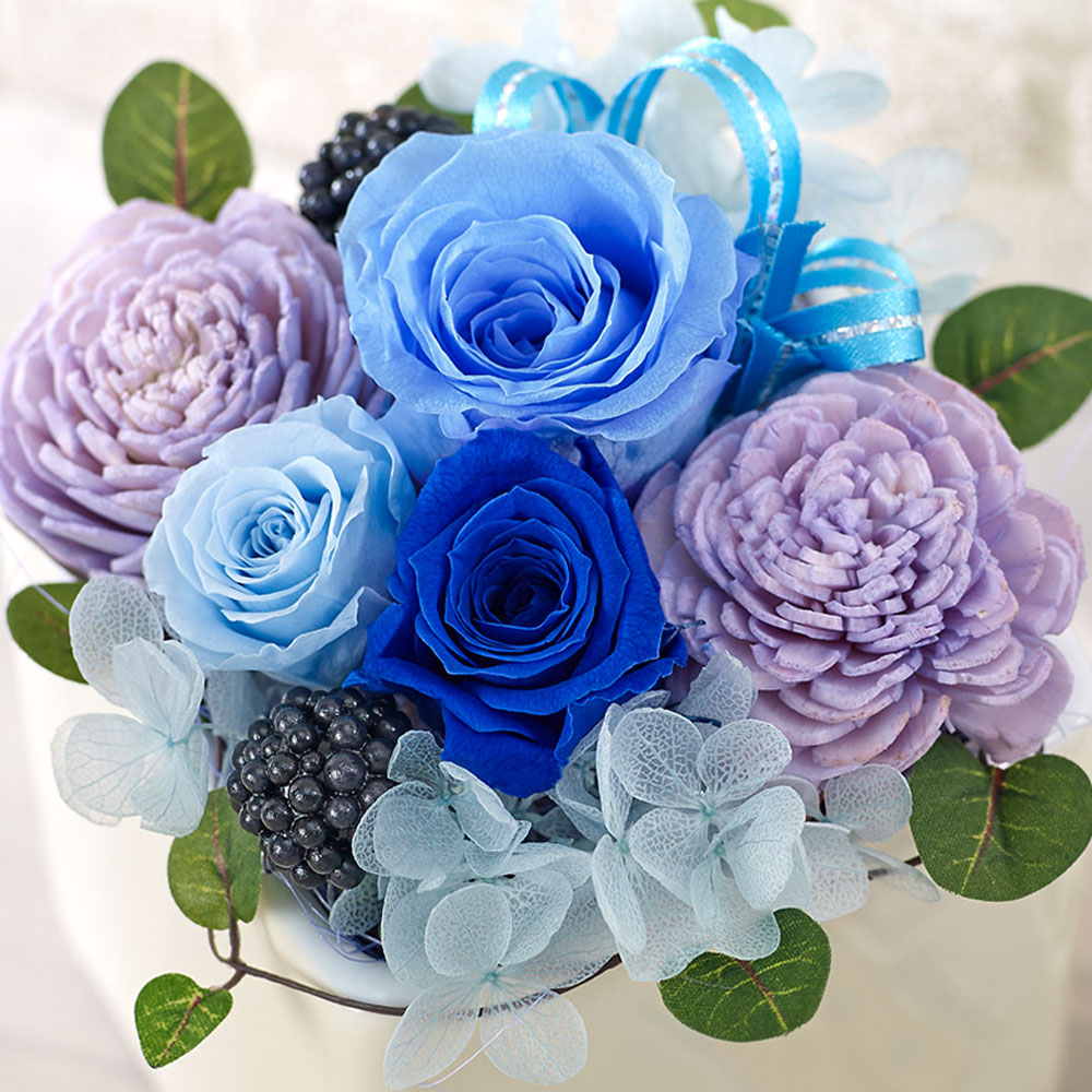 プリザーブド&アーティフィシャルアレンジメント「フラワーキューブ・ブルー」ラッピング付き