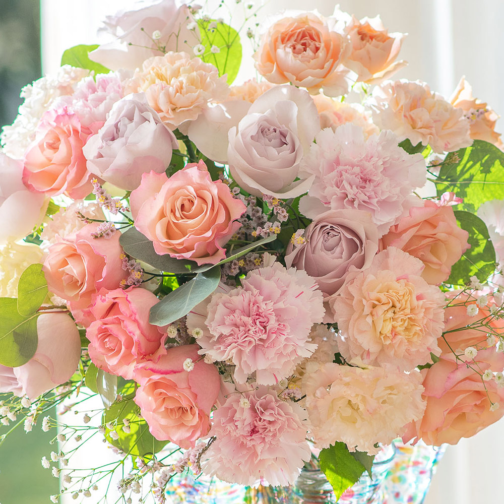 母の日 津軽びいどろ「天開 フリル花器（大）ねぶた」と花束のセット
