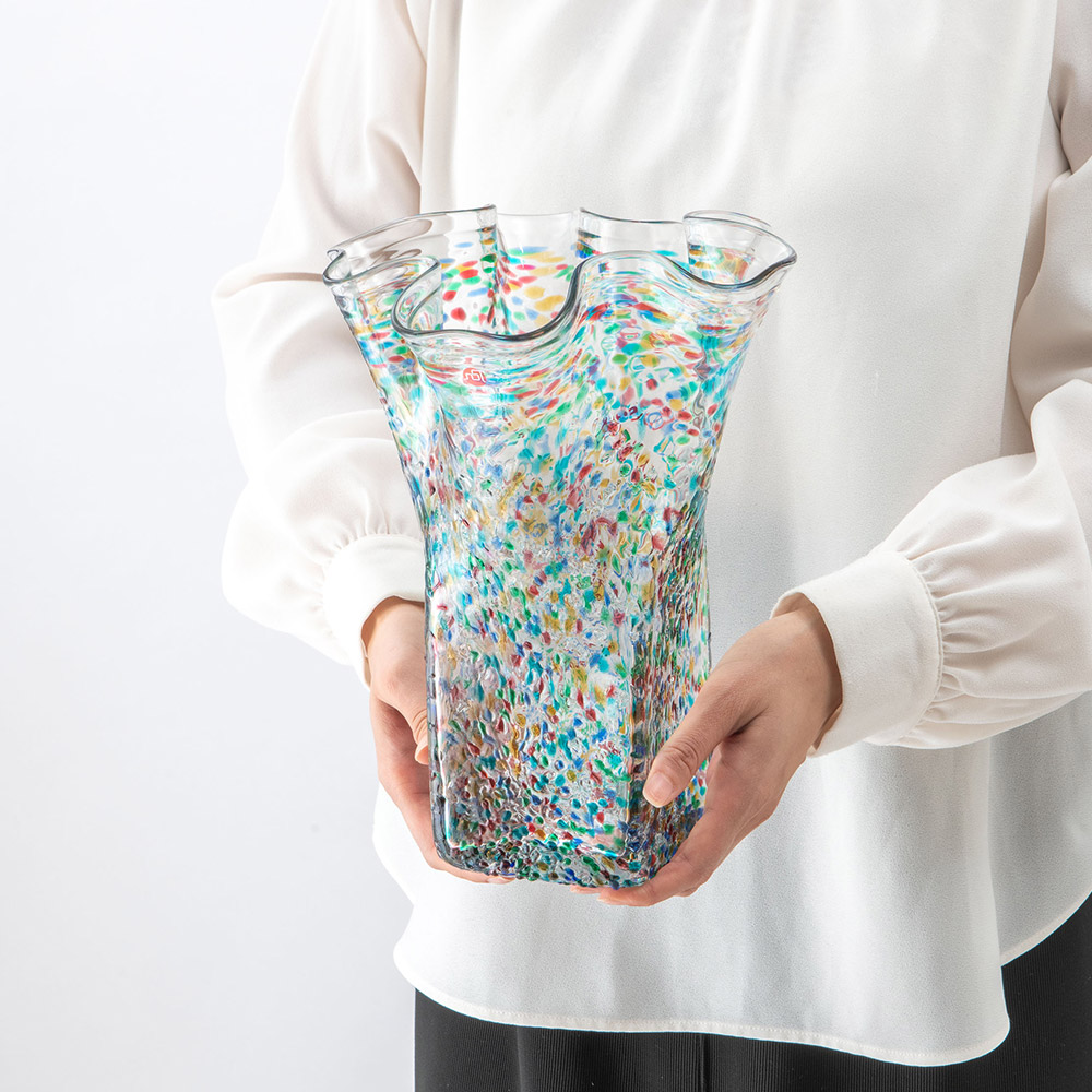 母の日 津軽びいどろ「天開 フリル花器（大）ねぶた」と花束のセット