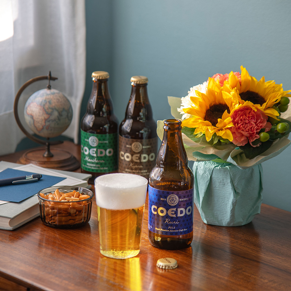 父の日 コエドブルワリー｢クラフトビール 3種飲み比べ（6本入）」とそのまま飾れるブーケのセット