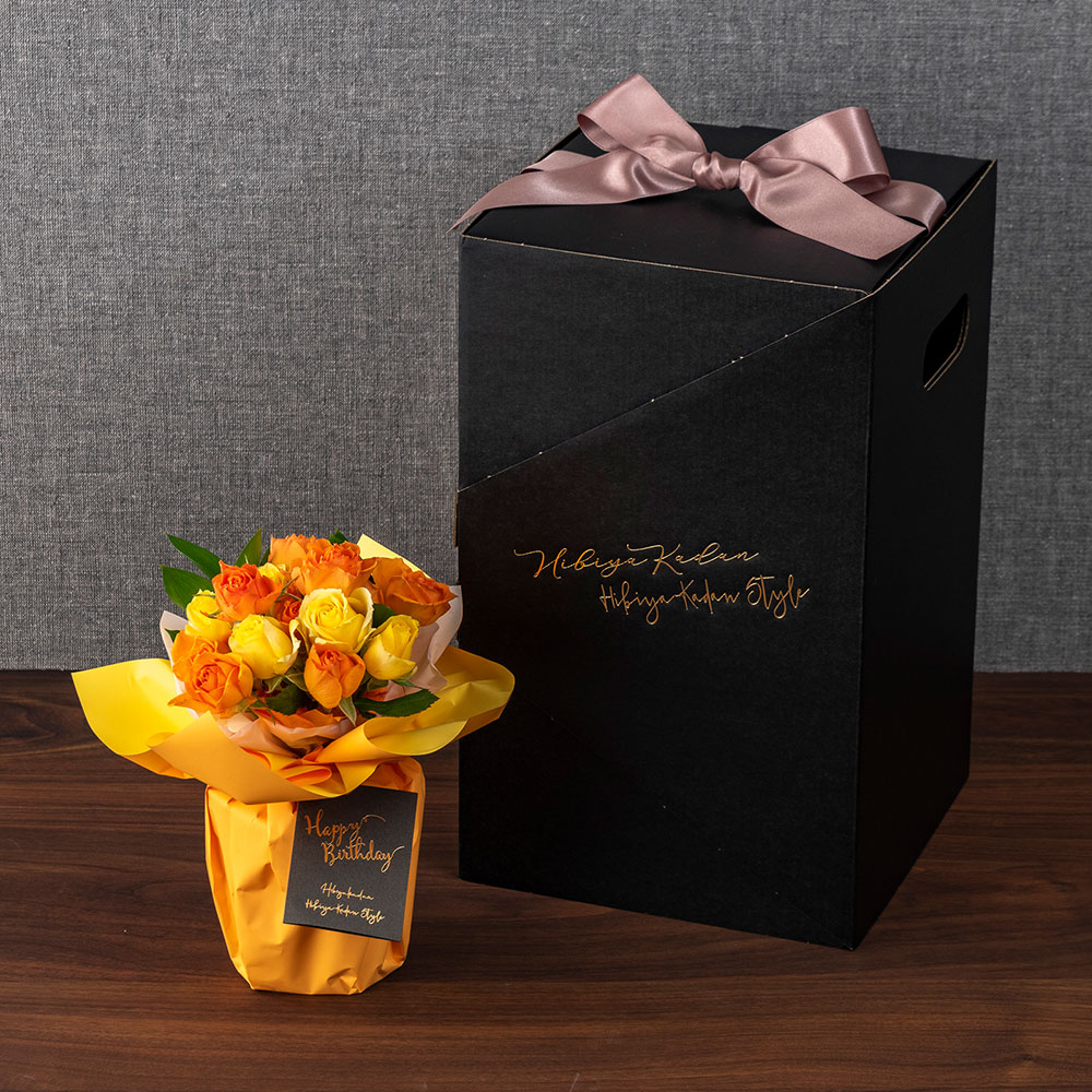 メロディボックス花束「ローズハッピーバースデー」（イエロー・オレンジ）【沖縄届不可】