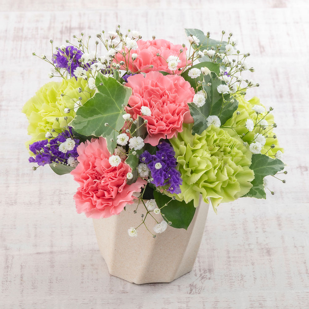 【お供え用】亡き母に贈るアレンジメントとカーネーションの香りのお線香のセット