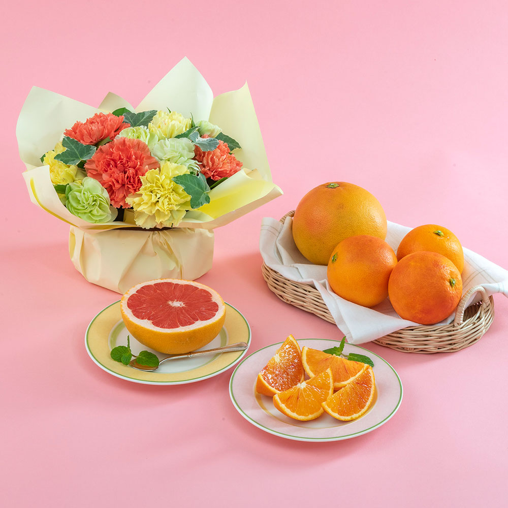 母の日 愛知県産「レッド系グレープフルーツ＆ブラッドオレンジ」とアレンジメントのセット