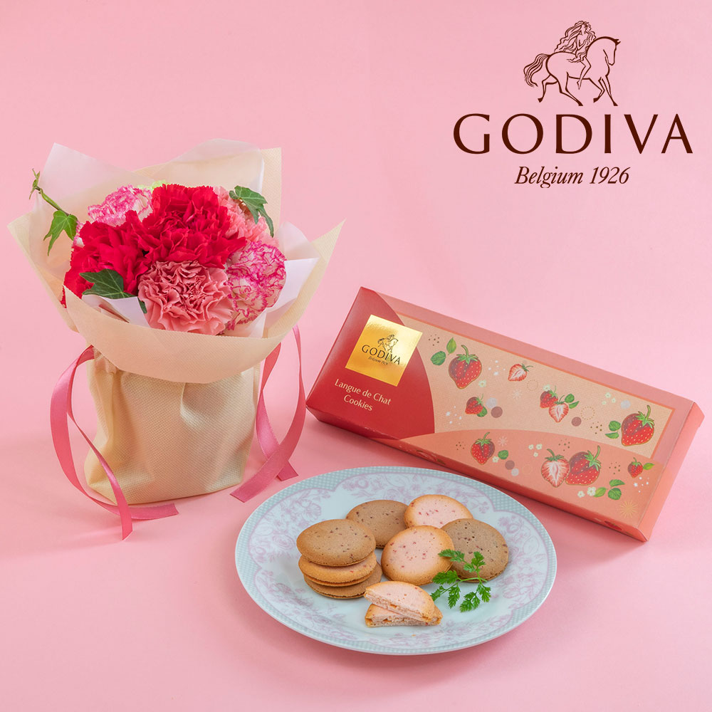母の日 ゴディバ「あまおう苺クッキー アソートメント」とそのまま飾れるブーケのセット