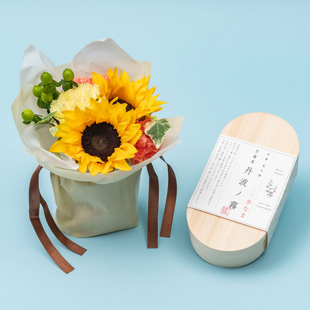 父の日 京蕎麦「丹波ノ霧 半なま蕎麦」とそのまま飾れるブーケのセット
