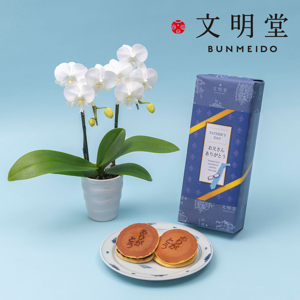 父の日 文明堂｢ありがとうの焼印入り月三笠（5個入り）」とミディ胡蝶蘭のセット