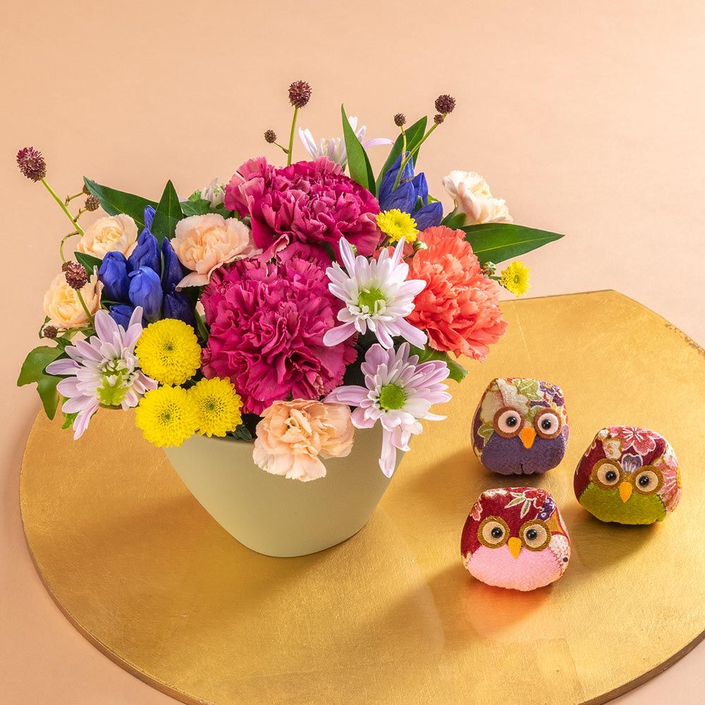 敬老の日 「ちりめんふくろう」とアレンジメントのセット