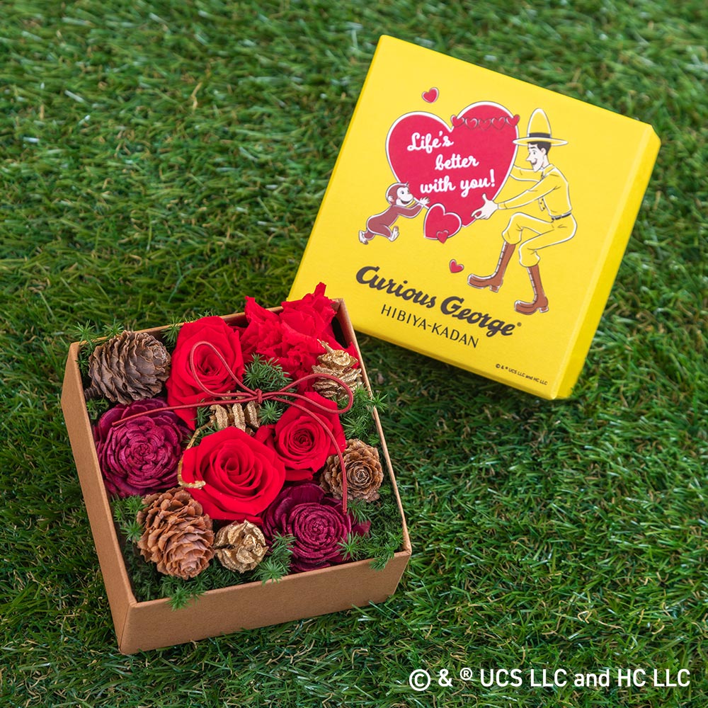 クリスマス おさるのジョージ プリザーブド＆ドライフラワーアレンジメント「ハートフル」