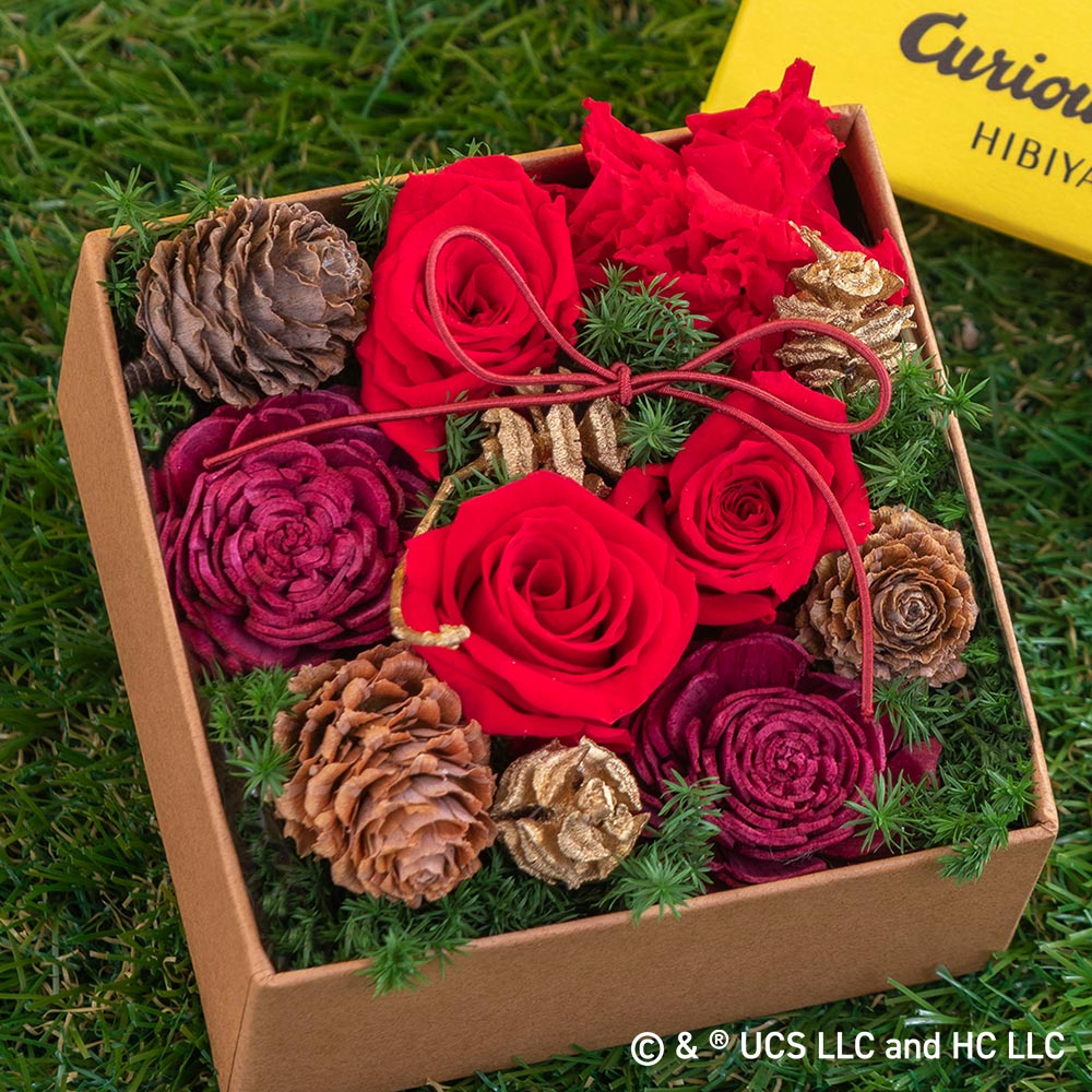 クリスマス おさるのジョージ プリザーブド＆ドライフラワーアレンジメント「ハートフル」