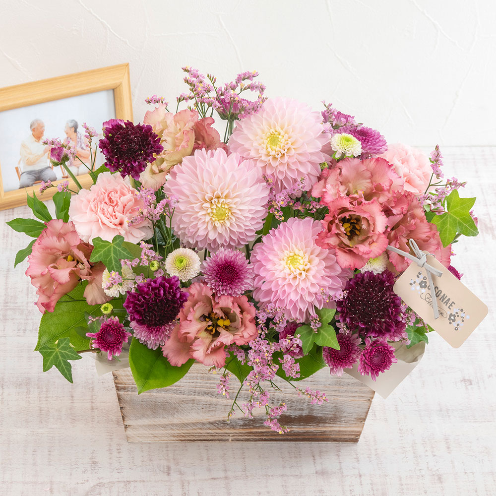 【お供え用】 O・SO・NA・E flower「10月のウッドボックスアレンジメント」
