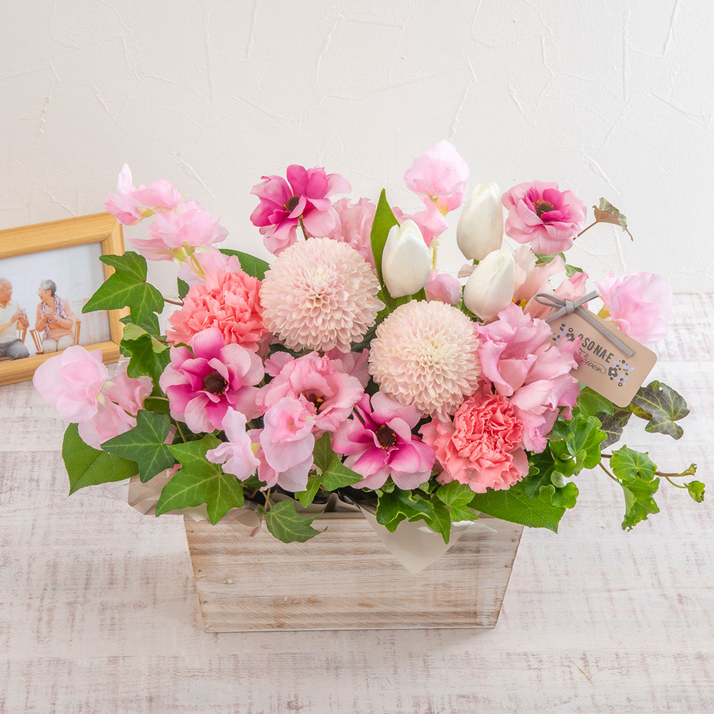 【お供え用】 O・SO・NA・E flower 「2月のウッドボックスアレンジメント」