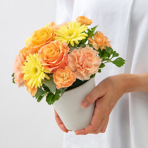 【5月12～14日お届け】母の日【おまかせシリーズ】季節のお花イエロー・オレンジ系アレンジメント