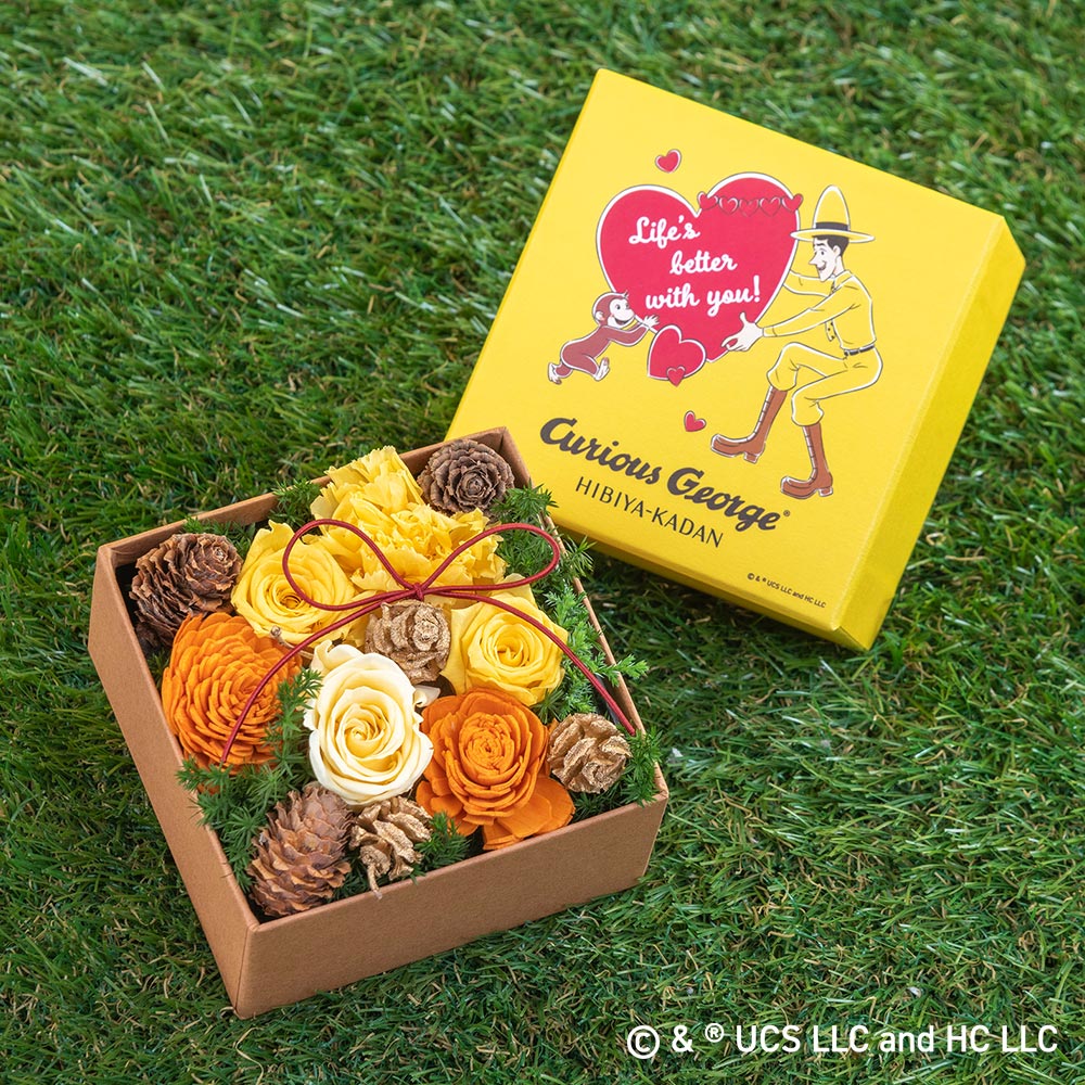 おさるのジョージ プリザーブド&ドライフラワーアレンジメント「ハートフル」