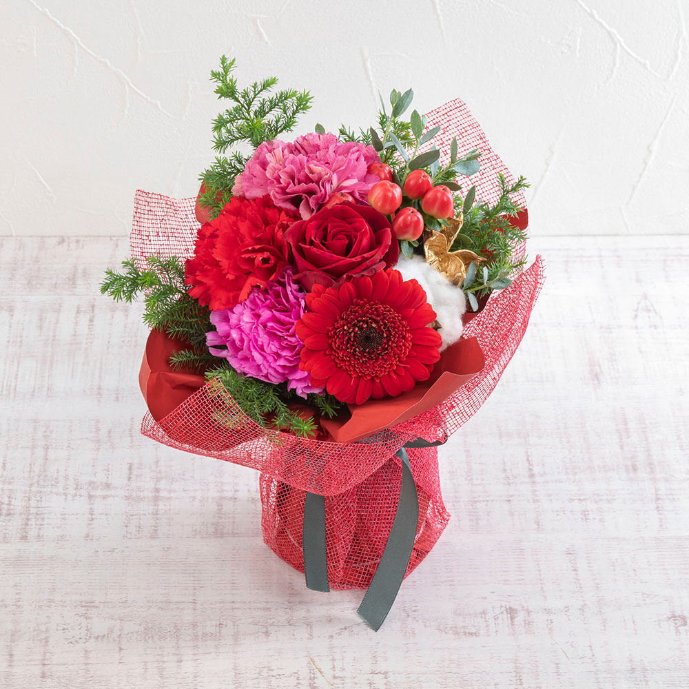 12月旬の花 バラ そのまま飾れるブーケ「カーマイン」