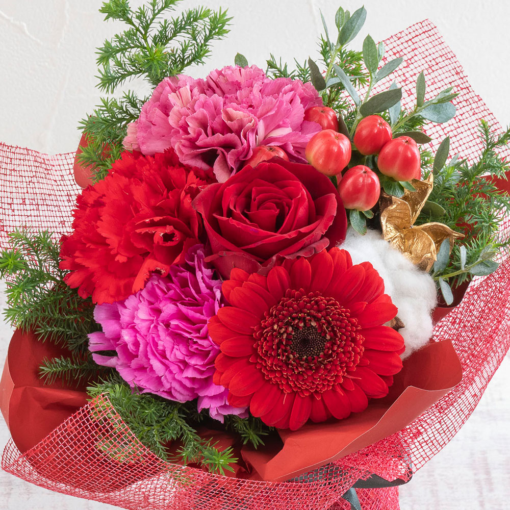 12月旬の花 バラ そのまま飾れるブーケ「カーマイン」