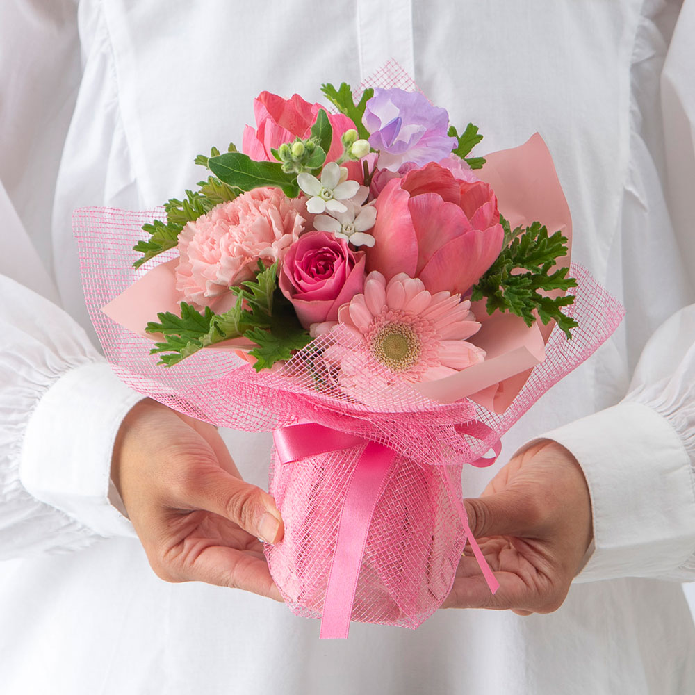 1月旬の花 チューリップ そのまま飾れるブーケ「シュクレローズ」