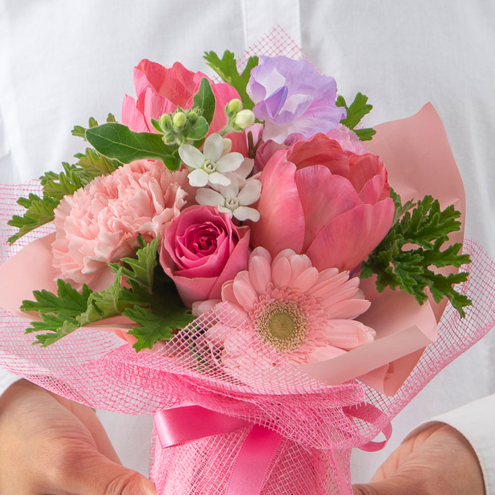 1月旬の花 チューリップ そのまま飾れるブーケ「シュクレローズ」