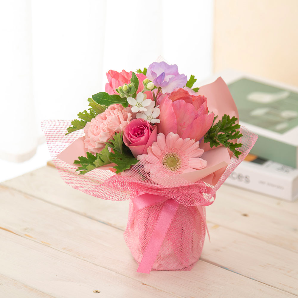 1月旬の花 チューリップ そのまま飾れるブーケ「シュクレローズ」