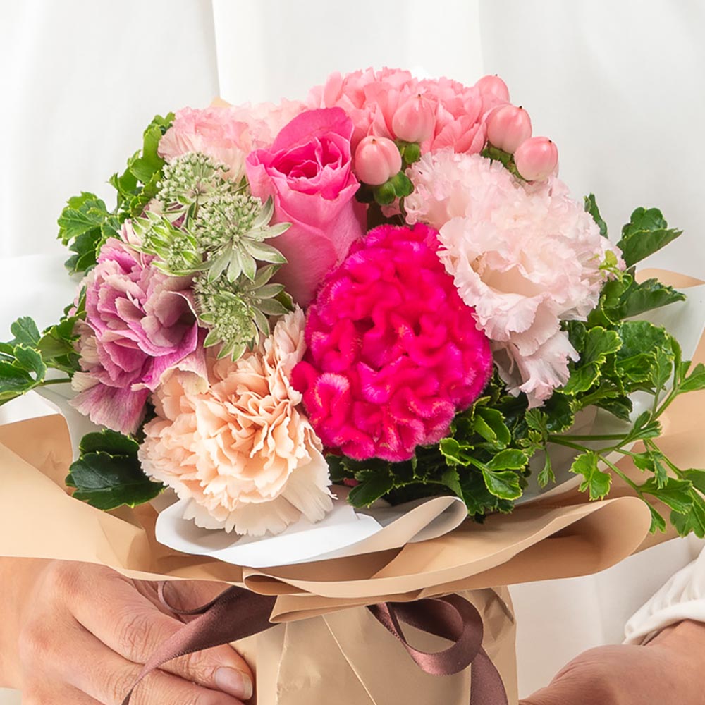 9月旬の花 ケイトウ そのまま飾れるブーケ（ピンク・S）