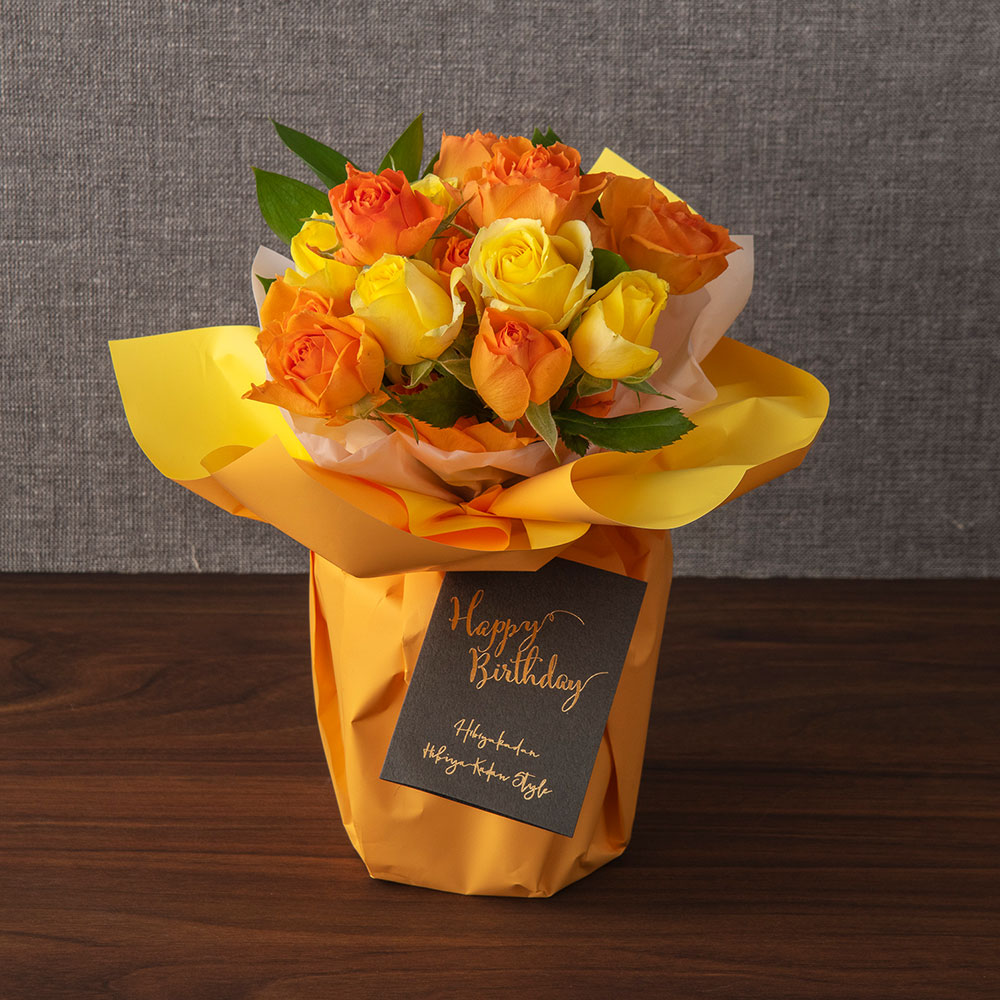 メロディボックス花束「ローズハッピーバースデー」（イエロー・オレンジ）【沖縄届不可】
