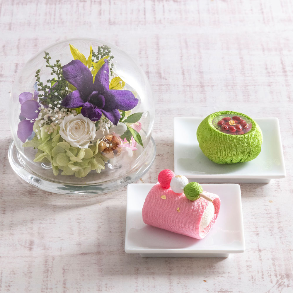 【お供え用】 ちりめん細工とプリザーブド＆アーティフィシャルフラワーアレンジメントのセット