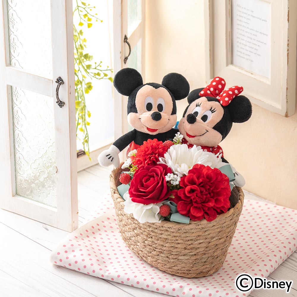 ディズニー アーティフィシャルフラワーアレンジメントとぬいぐるみのセット（ミッキーマウス＆ミニーマウス）