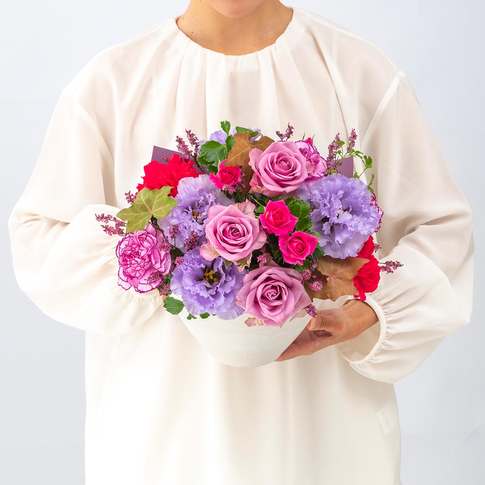 【最短翌日届け】11月旬の花 バラ アレンジメント（ピンク＆パープル・L）