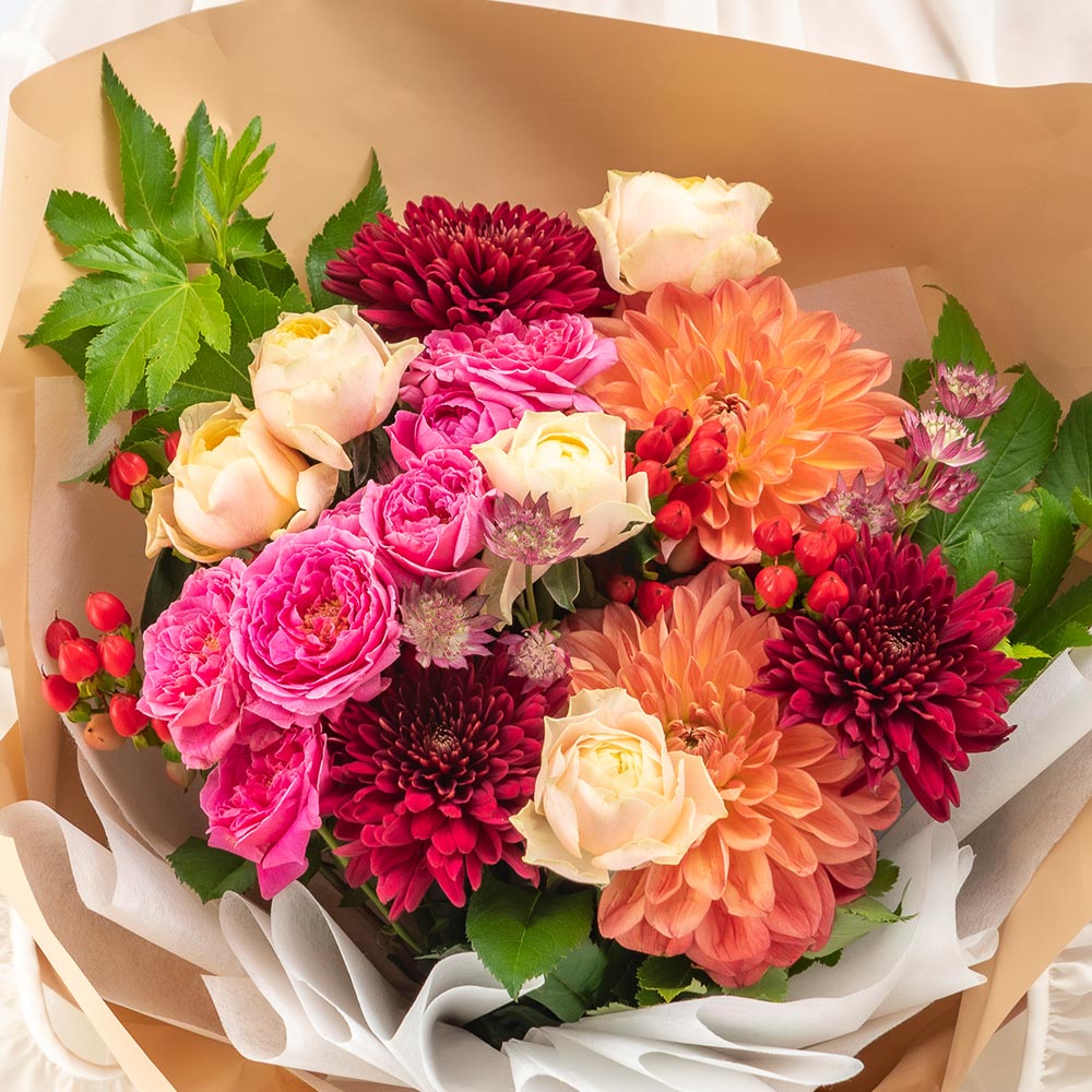 【最短翌日届け】10月旬の花 秋バラ 花束（ミックス・L）