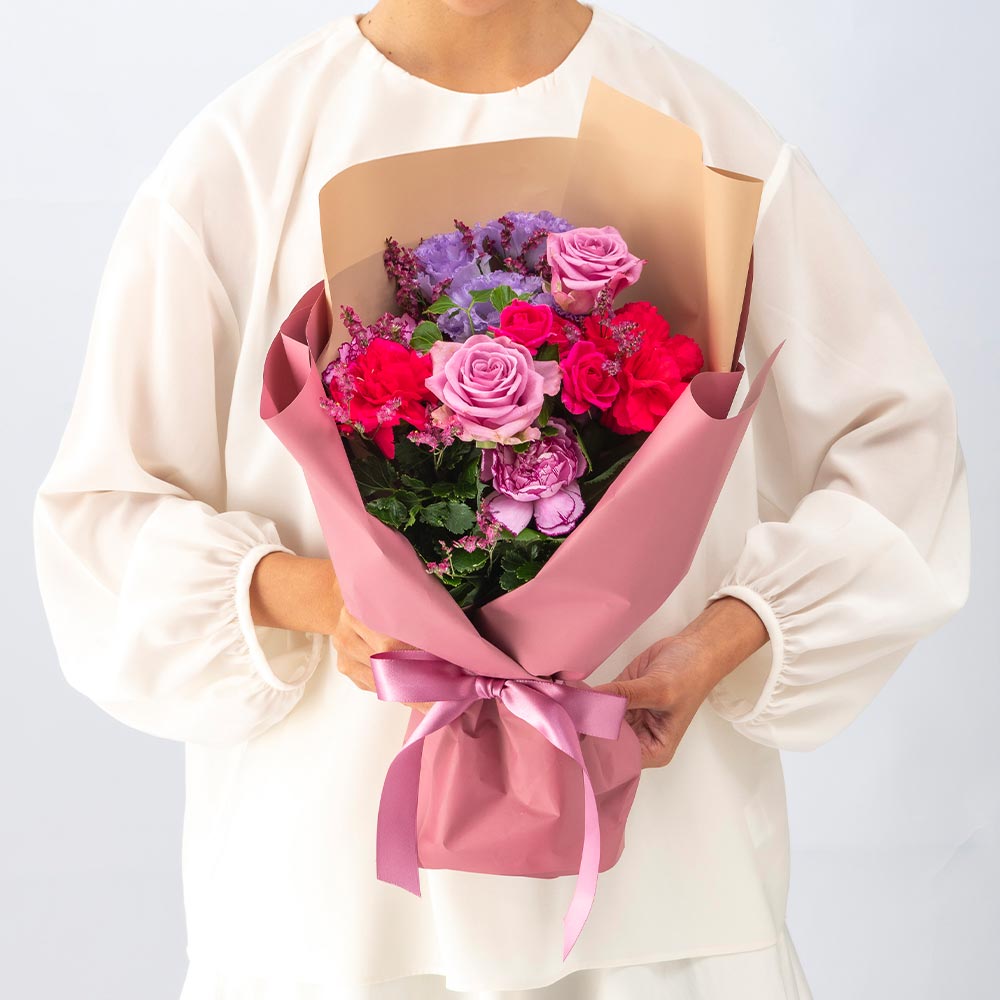11月旬の花 バラ 花束（ピンク＆パープル・M）