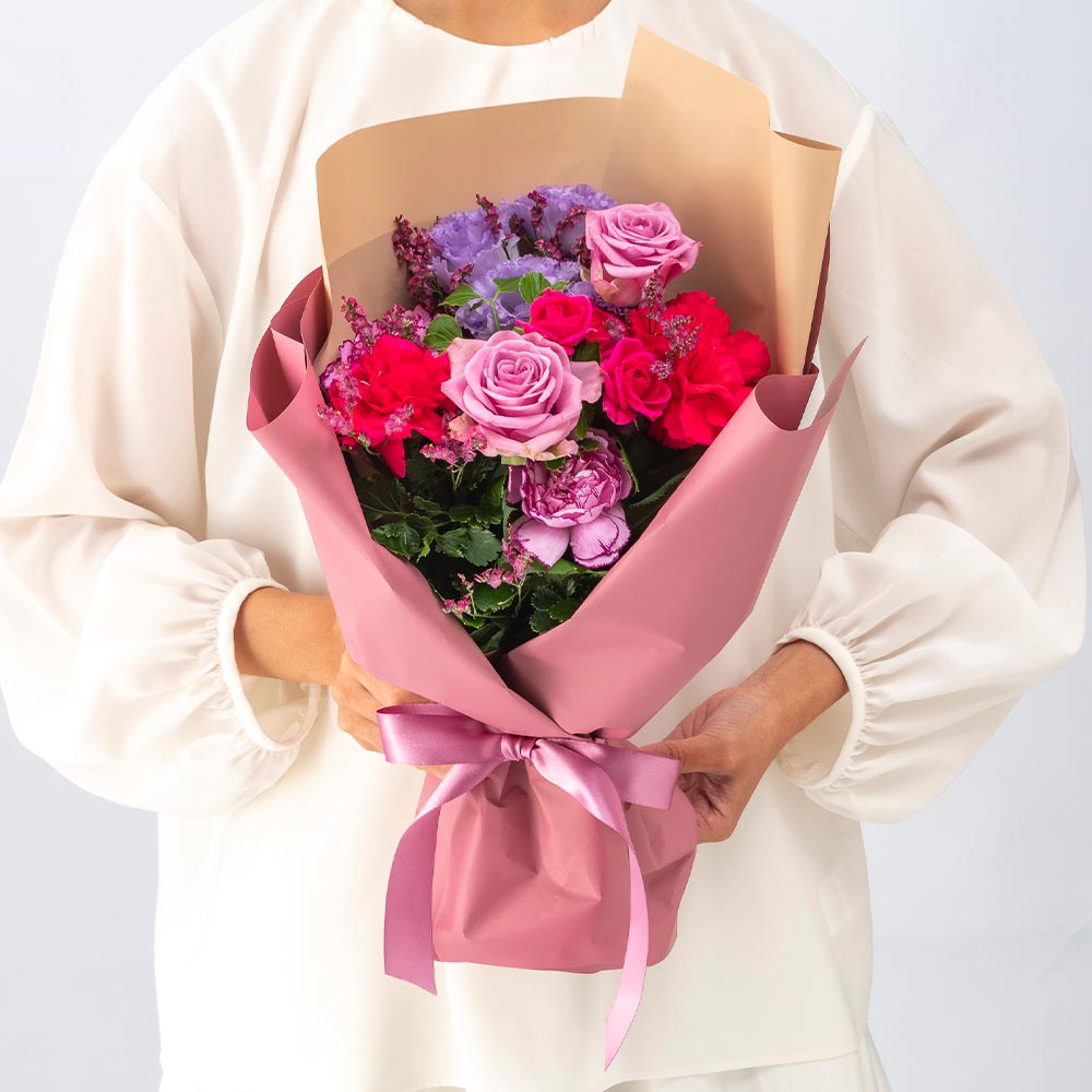 【最短翌日届け】11月旬の花 バラ 花束（ピンク＆パープル・M）