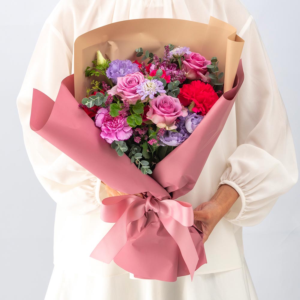 【最短翌日届け】11月旬の花 バラ 花束（ピンク＆パープル・L）