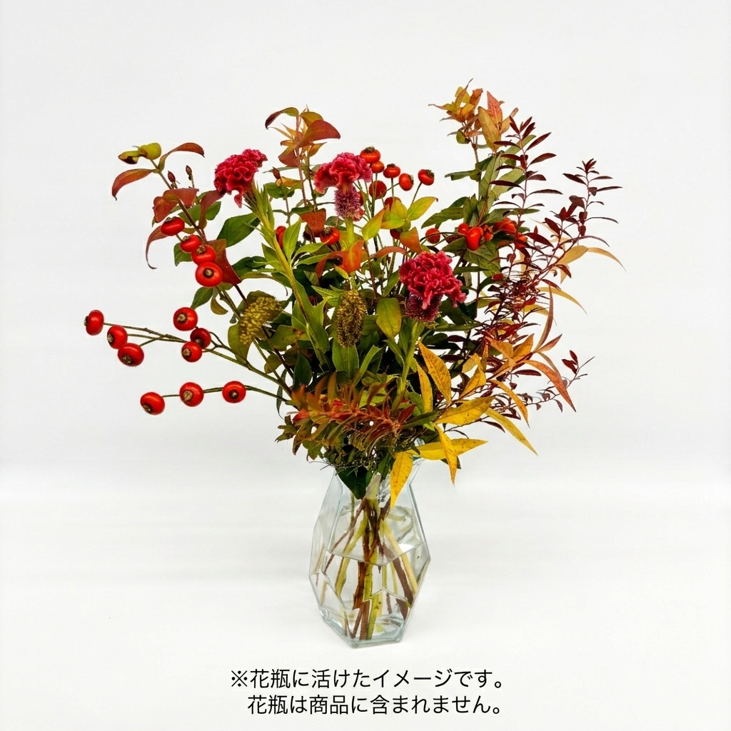 【10月31日～11月1日お届け】プティケイトウと紅葉枝の花束