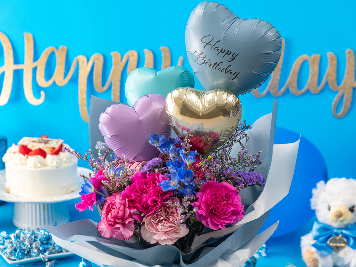 そのまま飾れるバルーンブーケ ブルー(青色)・パープル(紫色)