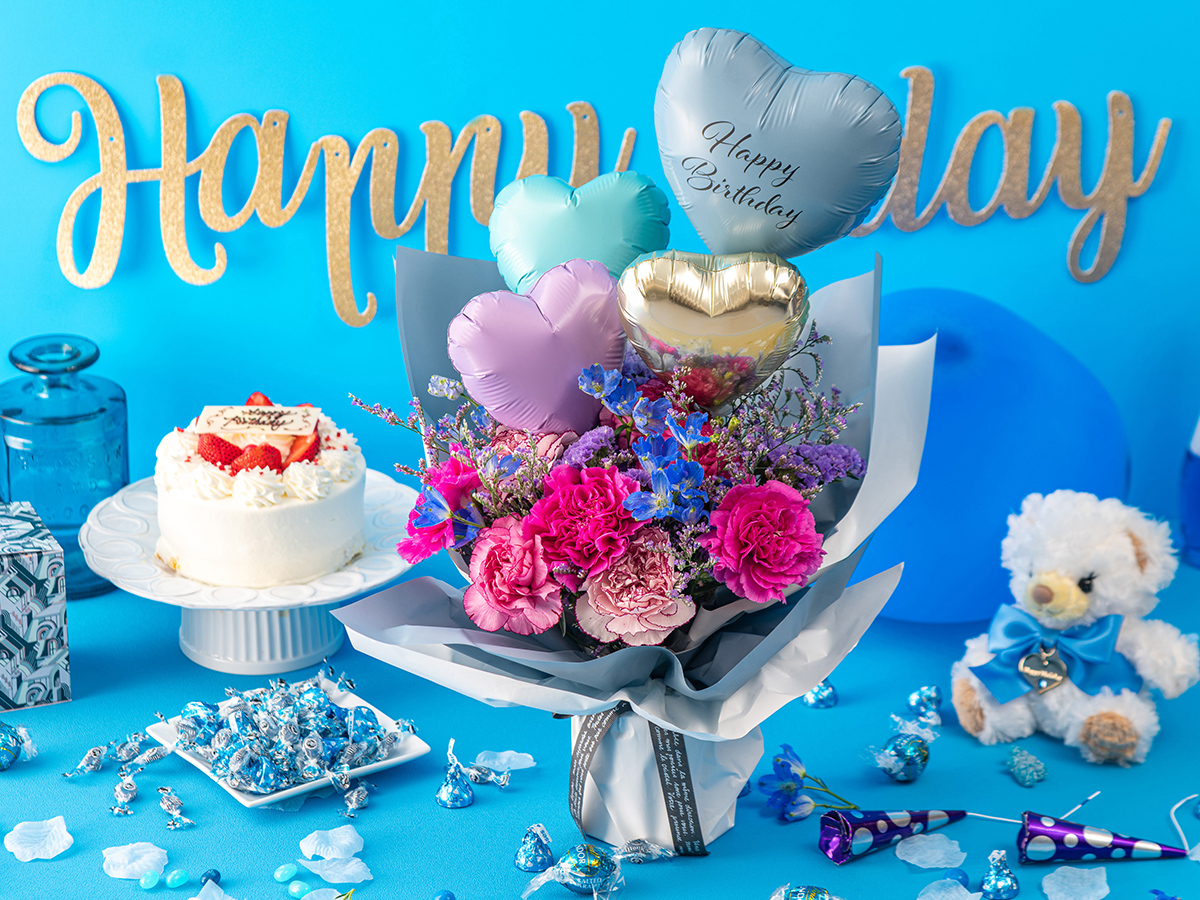 そのまま飾れるバルーンブーケ ブルー(青色)・パープル(紫色)