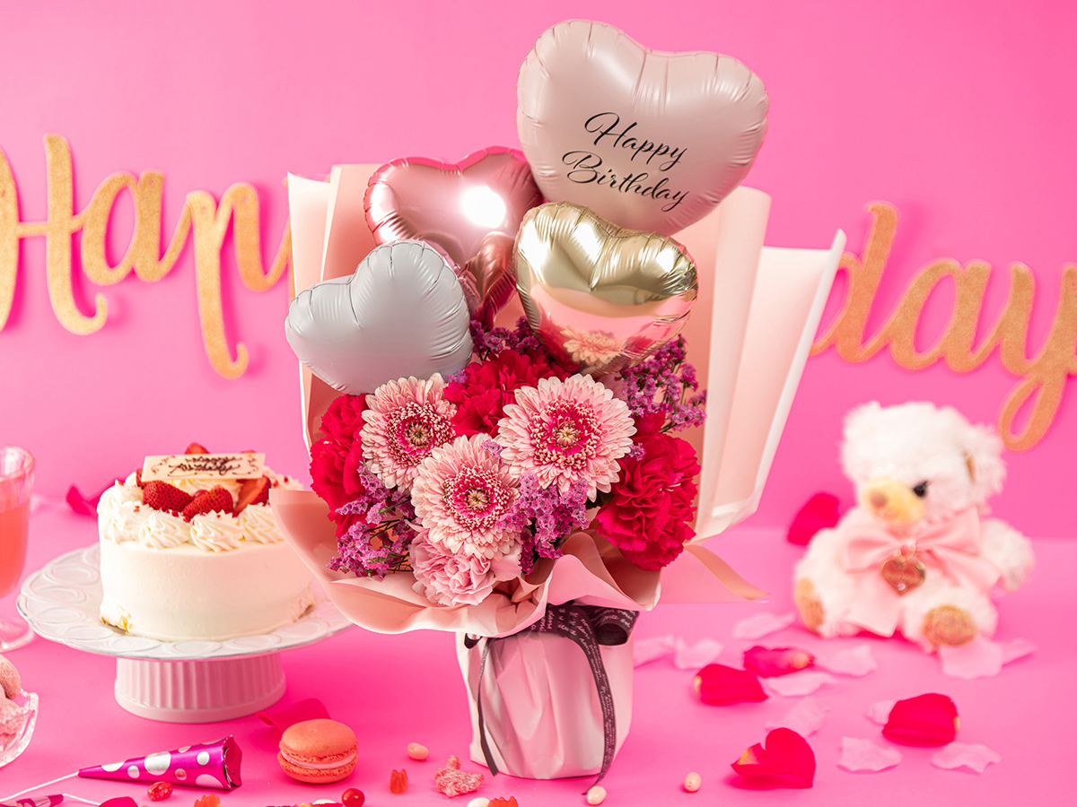 そのまま飾れるバルーンブーケ レッド(赤色)・ピンク(桃色)